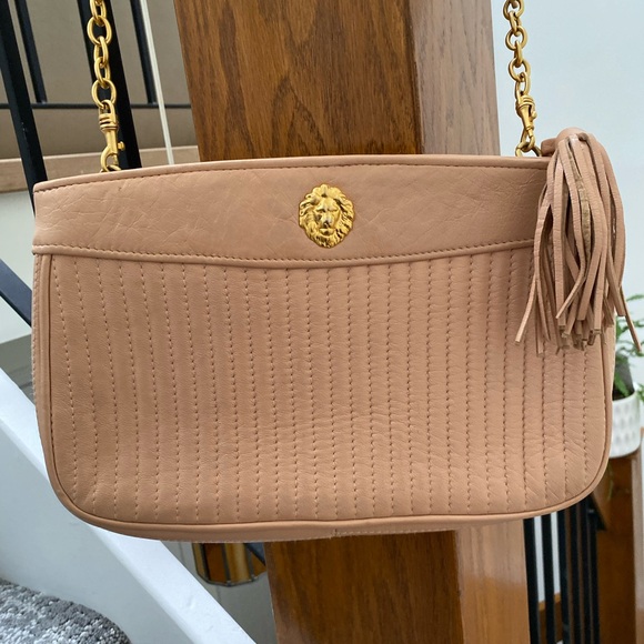 Anne Klein Handbags - Leather Anne Klein Tan Crossbody Bag with Gold Lion Emblem and Gold Accents